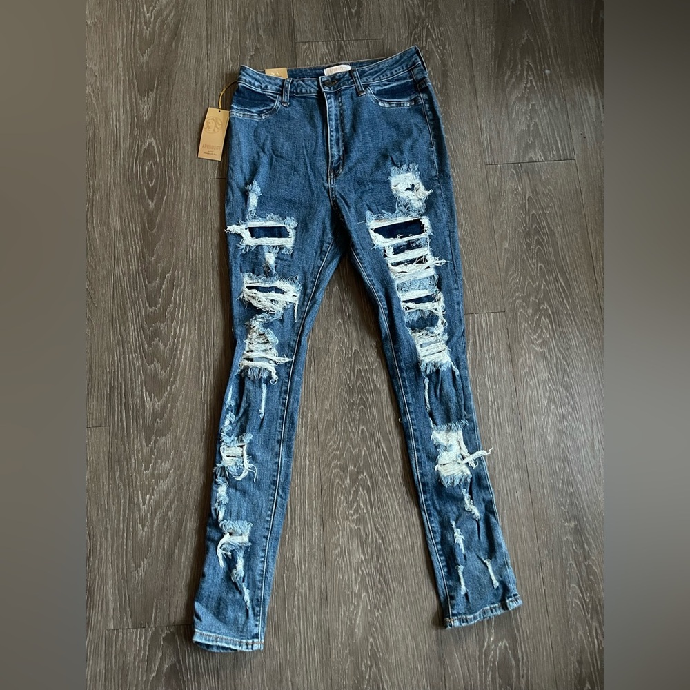 Aphrodite Jeans Women's Skinny Distressed Mid Rise Medium Wash Denim Blue